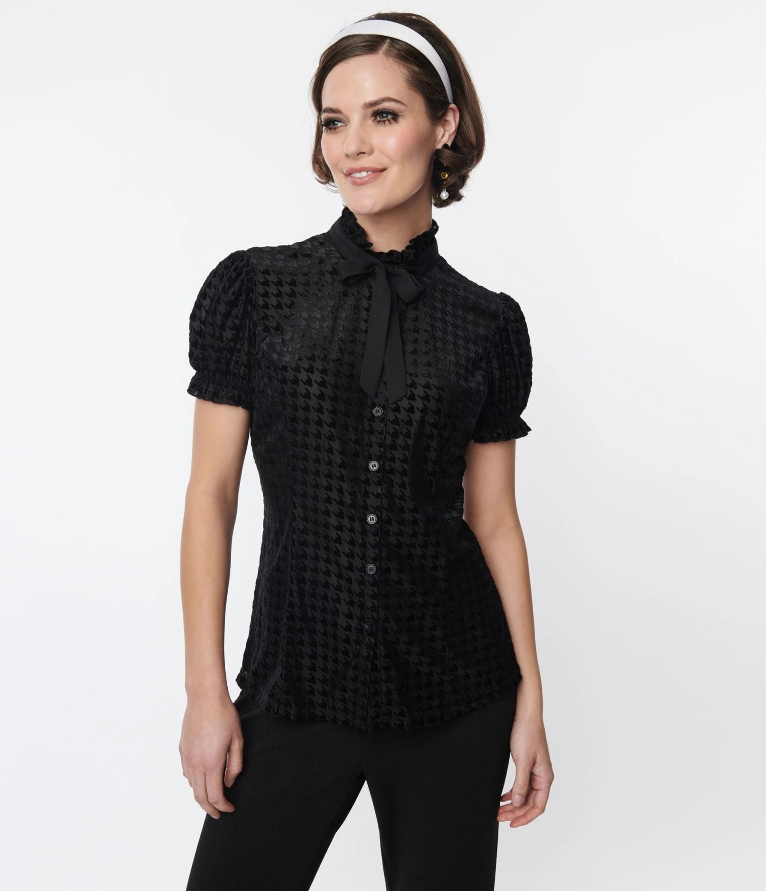 Smak Parlour Black Herringbone Burnout Ruffle Neck Blouse - Image 5