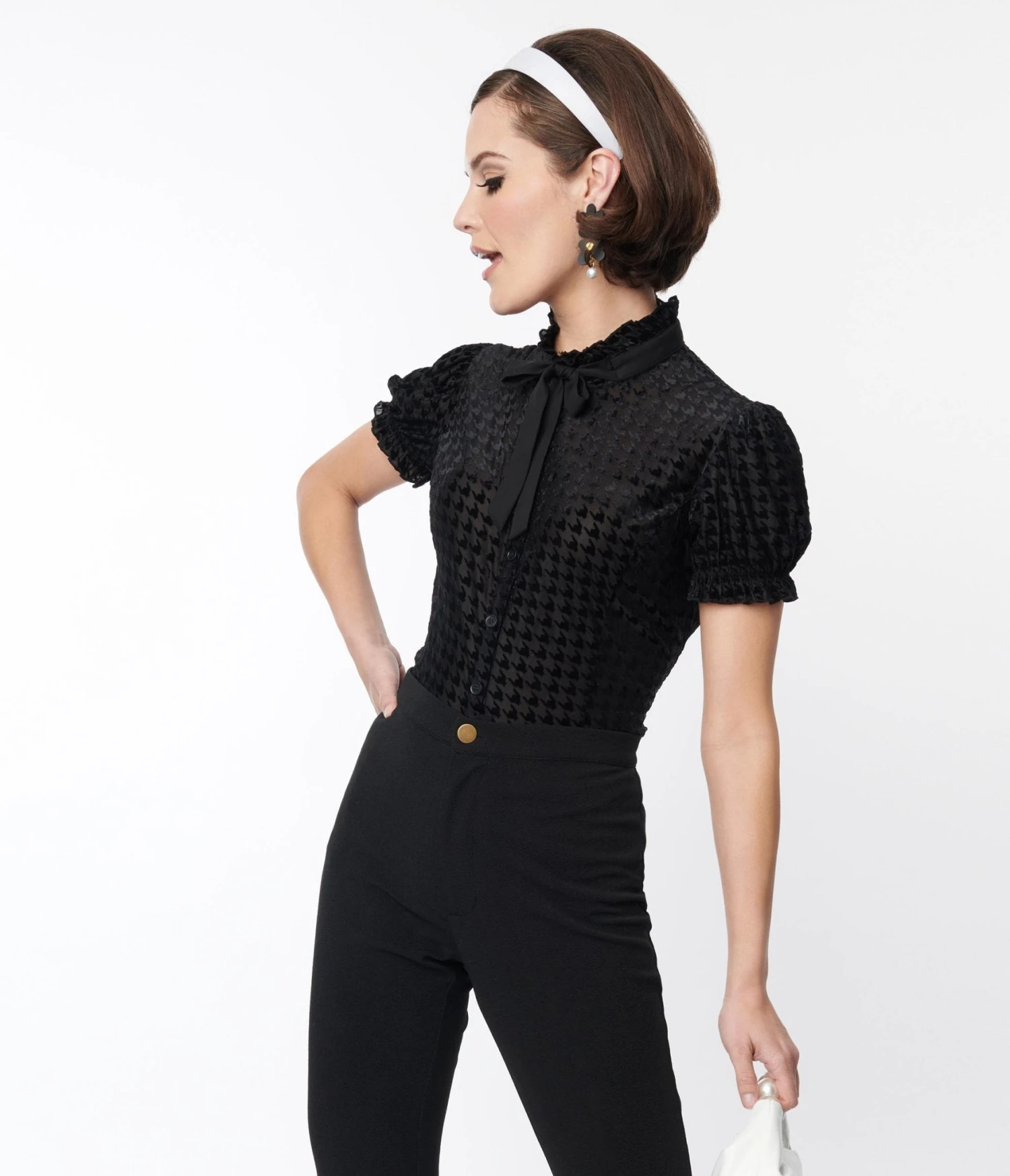 Smak Parlour Black Herringbone Burnout Ruffle Neck Blouse - Image 4