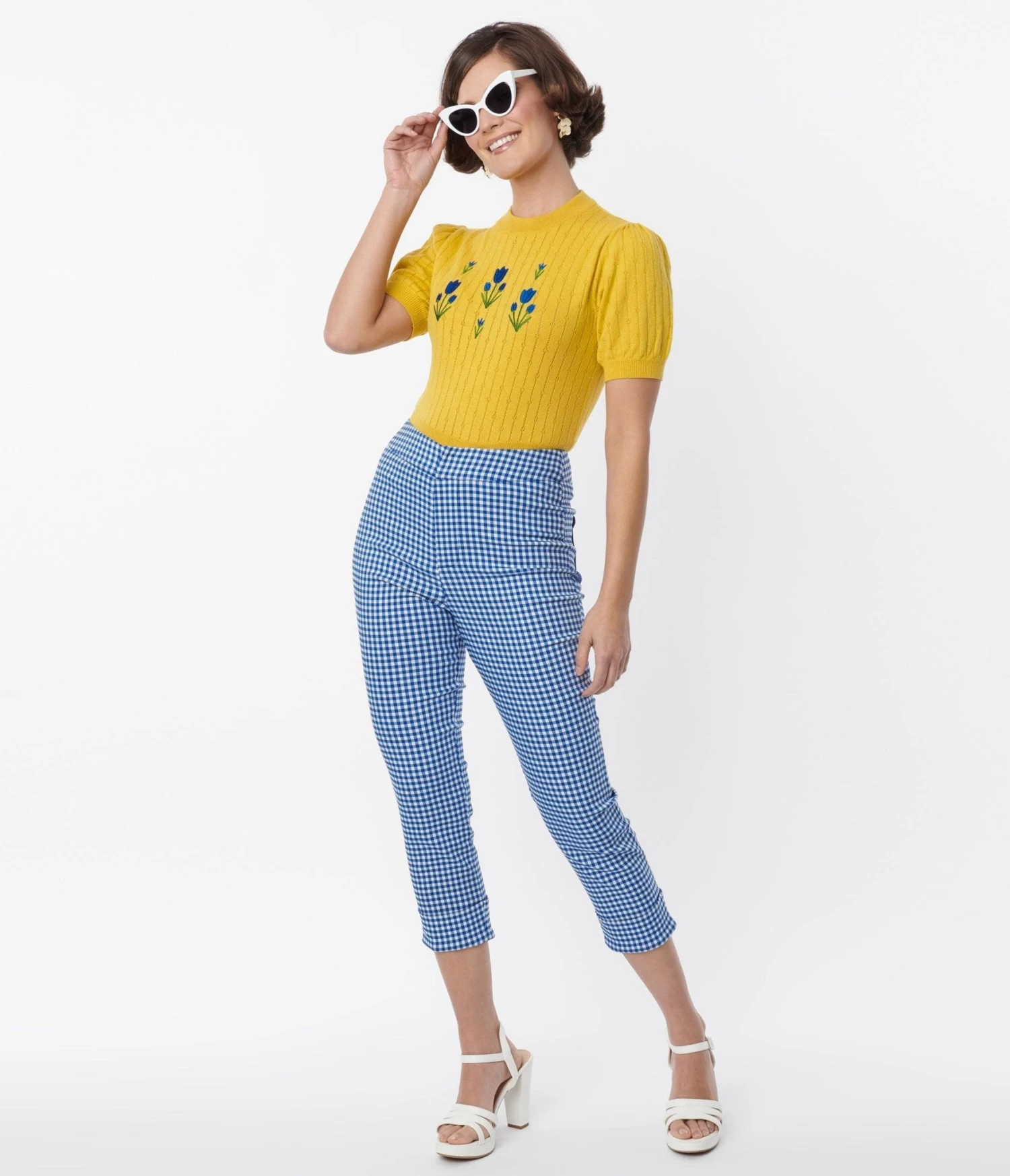 Smak Parlour Blue Gingham Tulip Pocket Smarty Pants Capri - Image 5