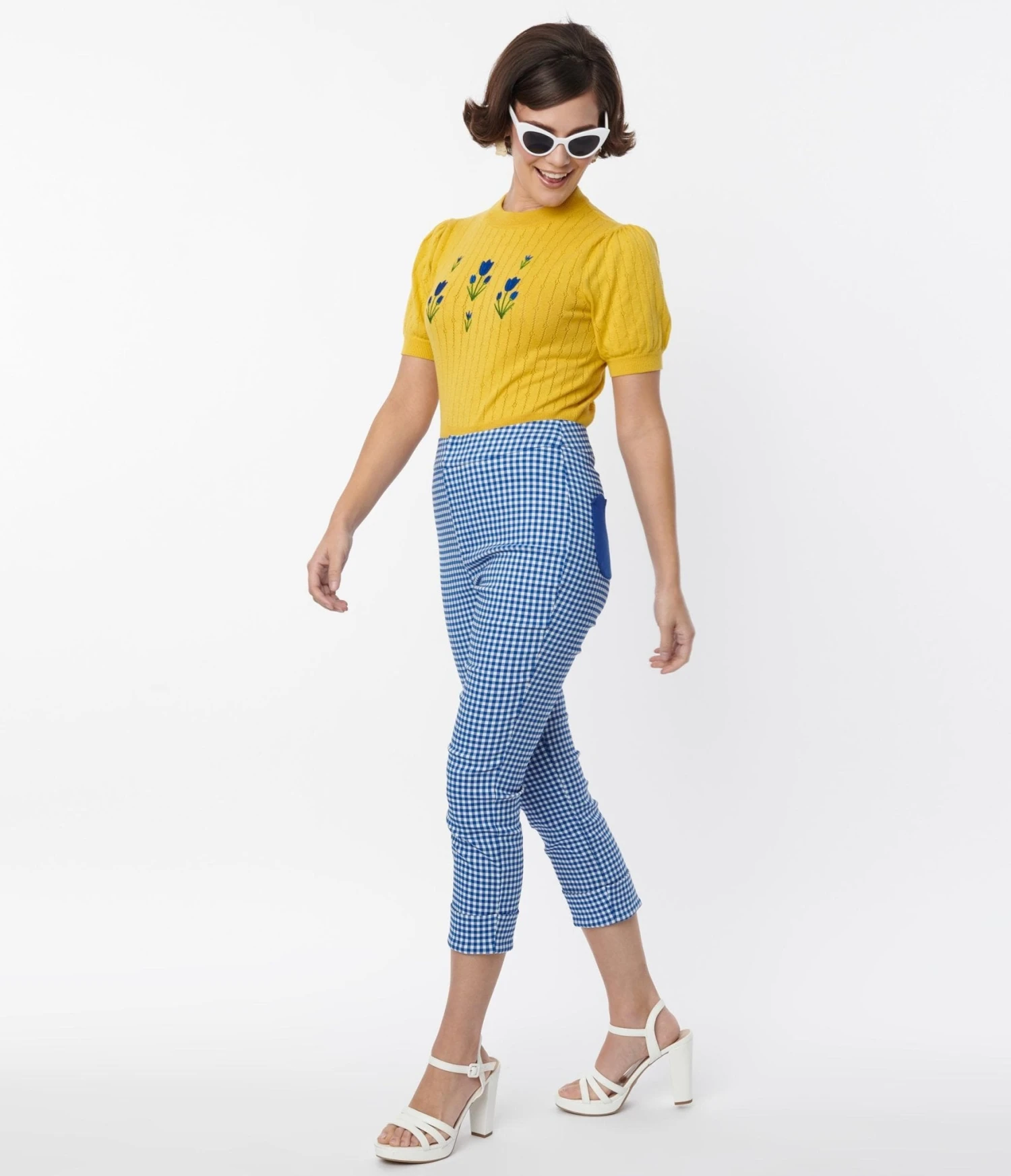 Smak Parlour Blue Gingham Tulip Pocket Smarty Pants Capri - Image 4