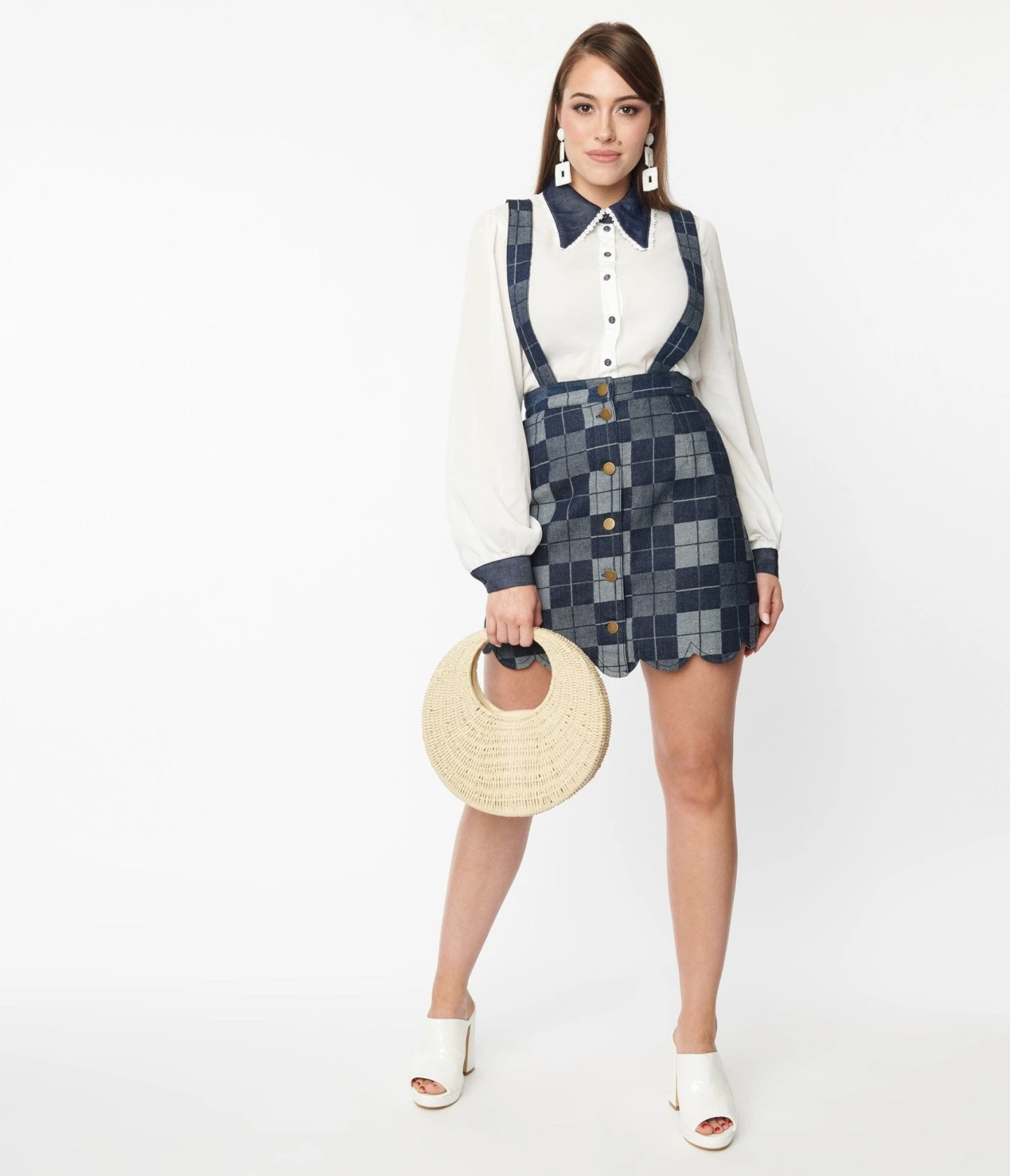 Smak Parlour Dark Denim Check Suspender Skirt - Image 4