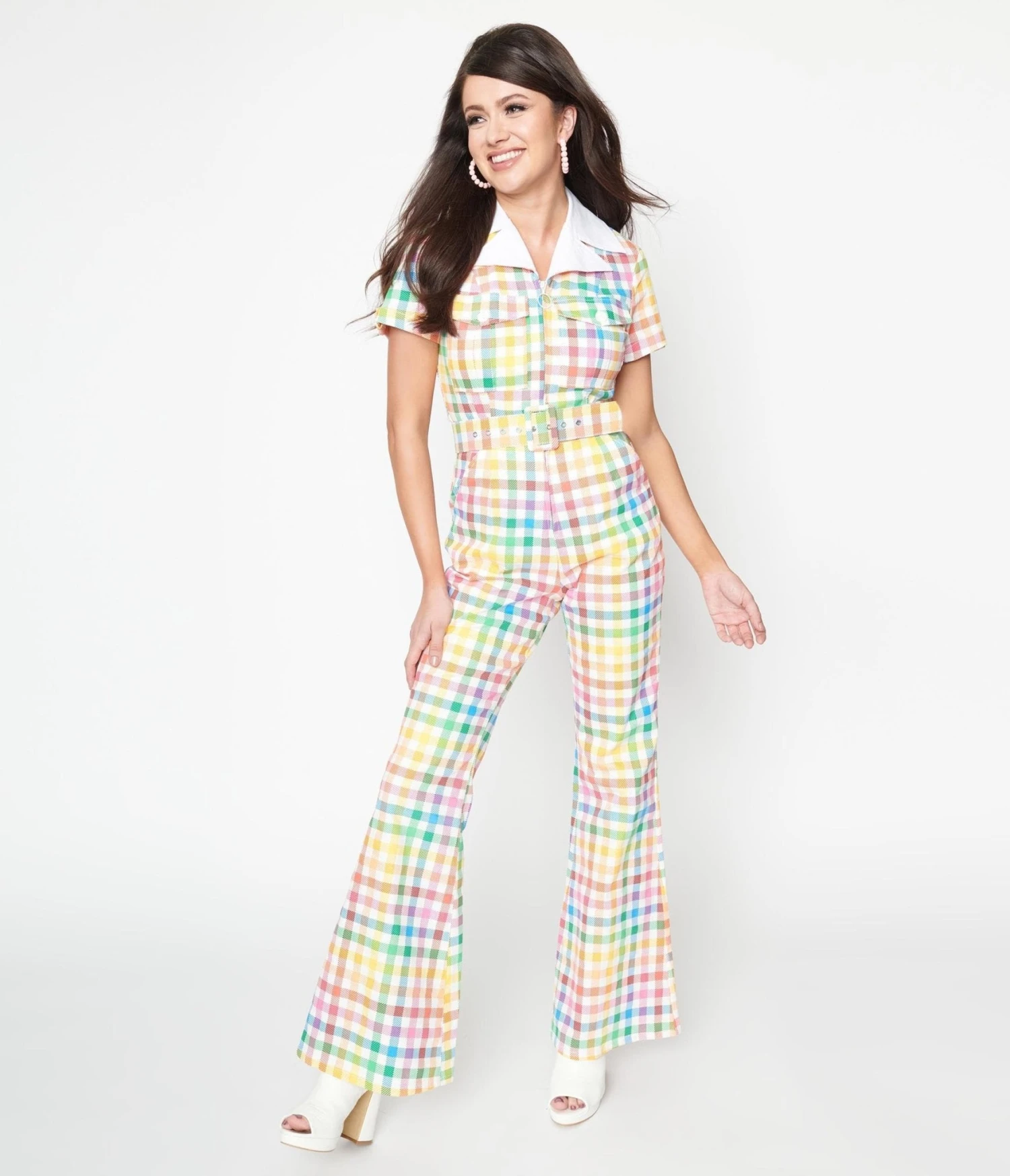 Smak Parlour Medium Rainbow Gingham Flare Jumpsuit - Image 4