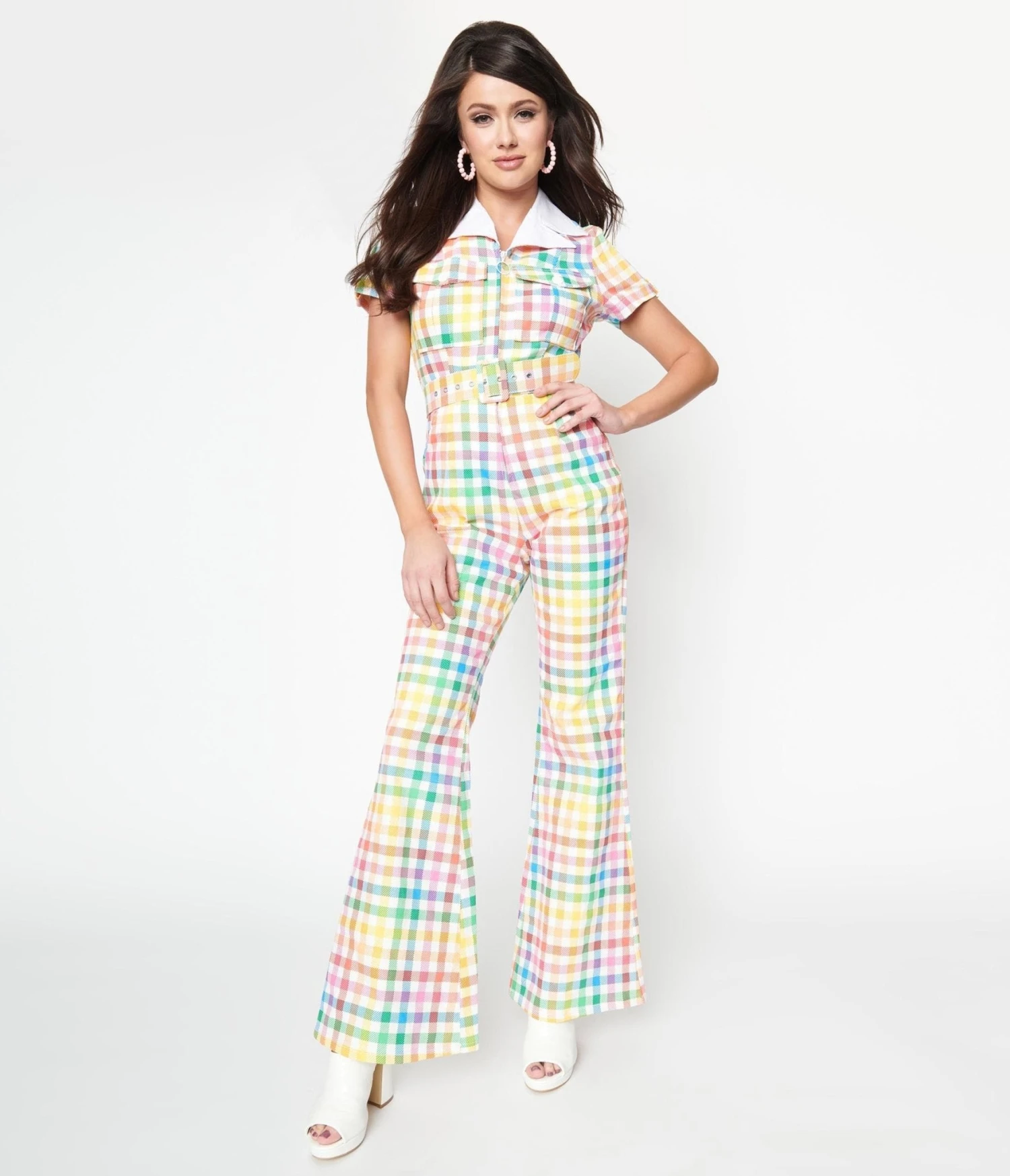 Smak Parlour Medium Rainbow Gingham Flare Jumpsuit