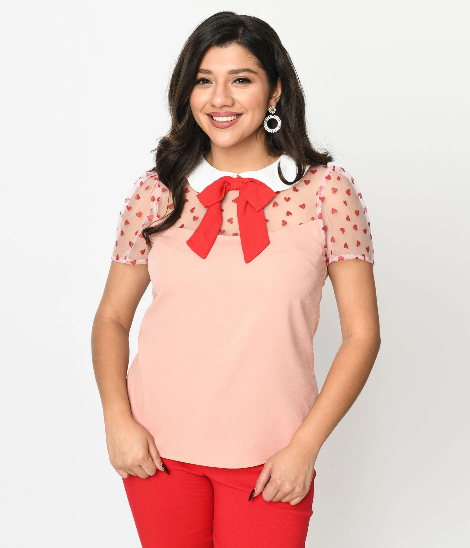Smak Parlour Pink & Red Hearts Collared Bow Blouse - Image 2