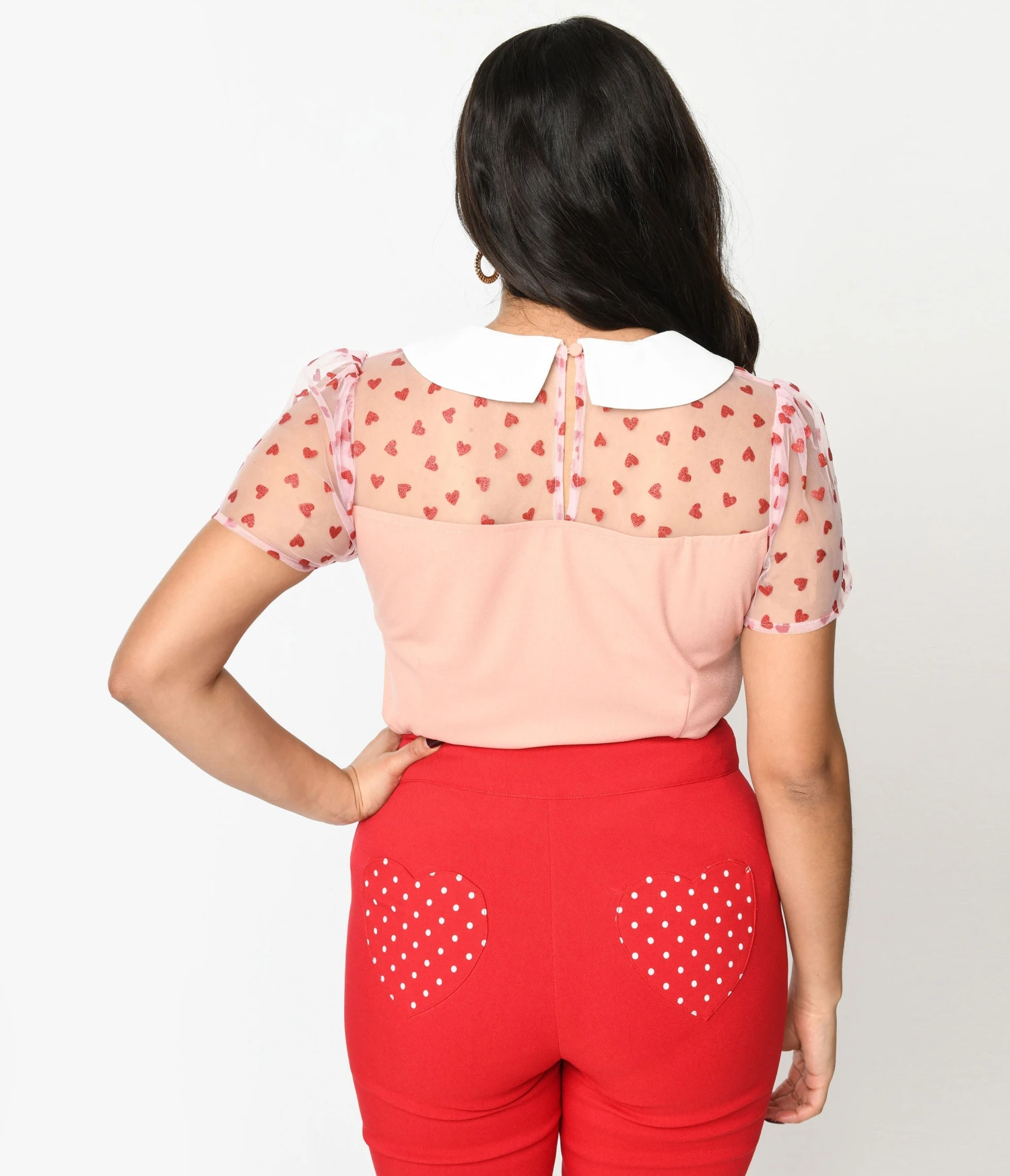 Smak Parlour Pink & Red Hearts Collared Bow Blouse - Image 3