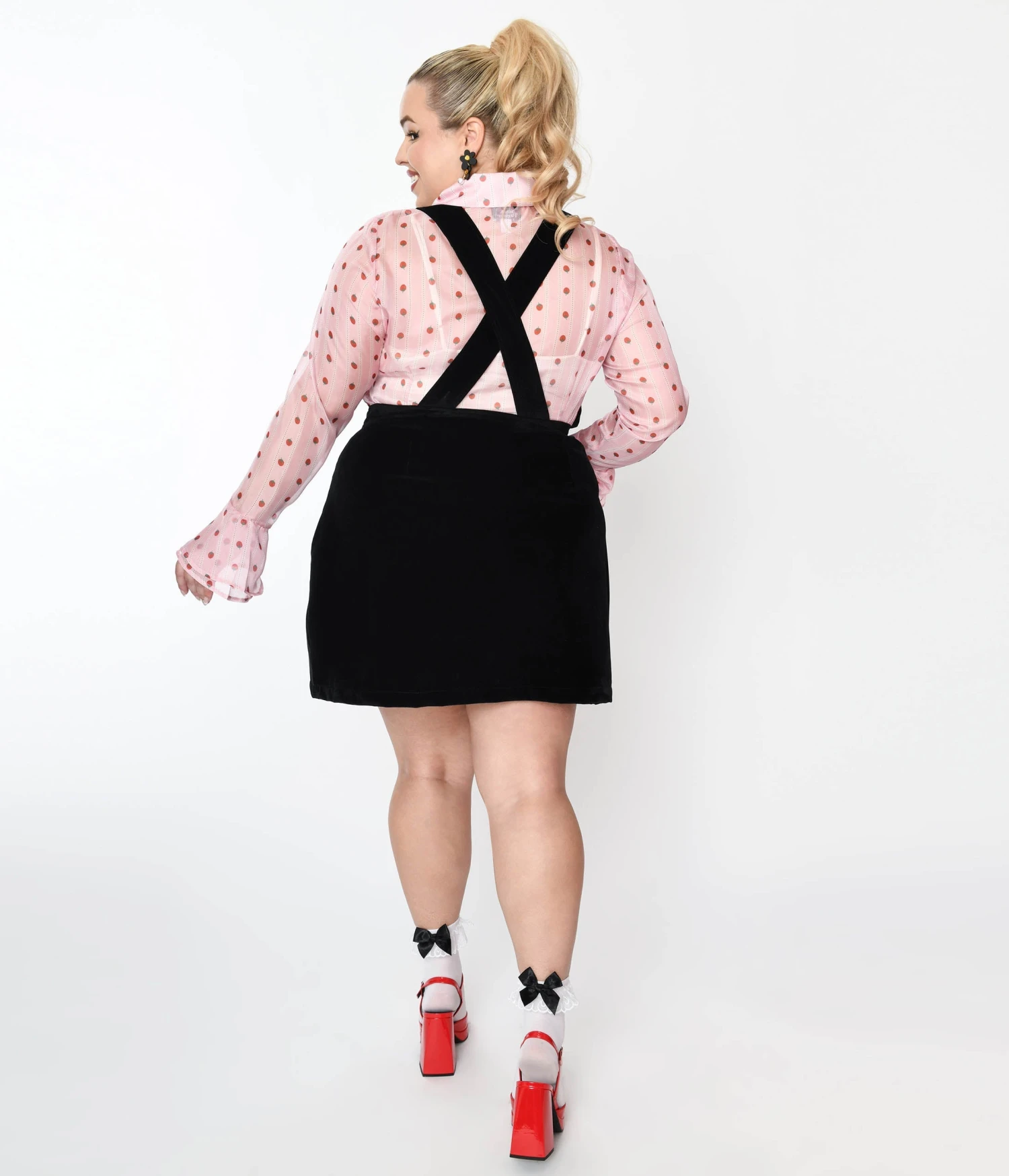 Smak Parlour Plus Size Black & Strawberry Trim Pinafore Skirt - Image 3