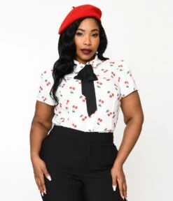 Smak Parlour Plus Size White & Cherries Power Play Blouse