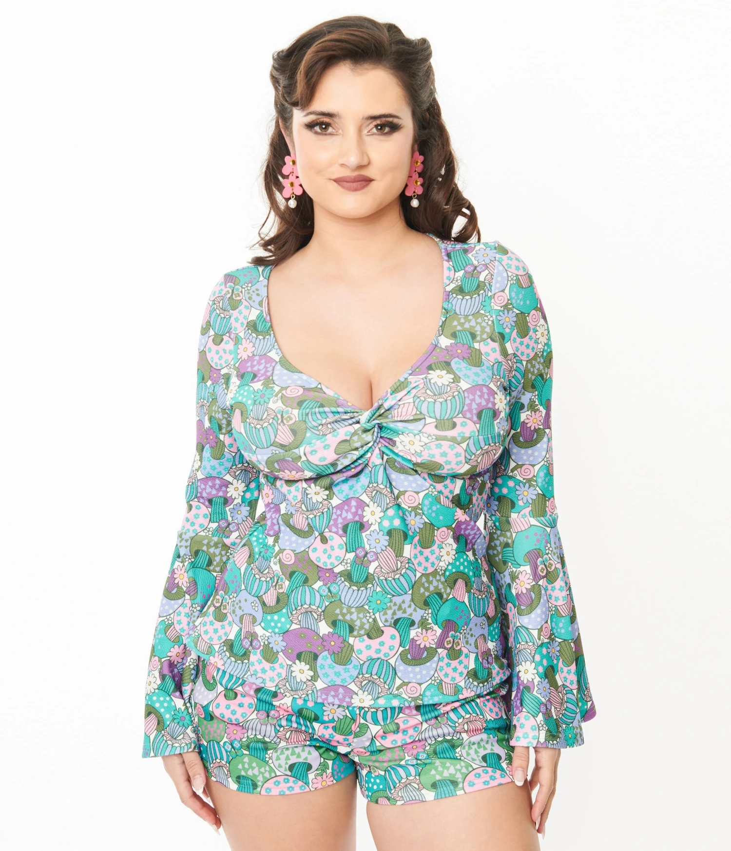 Smak Parlour Teal Groovy Mushrooms Trumpet Sleeve Top - Image 2