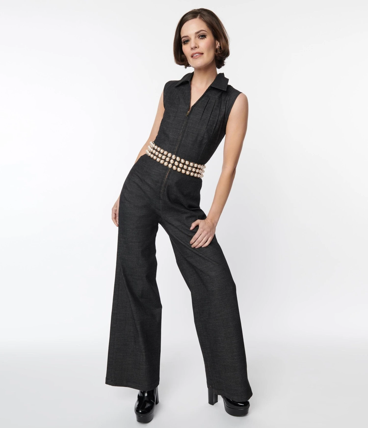 Smak Parlour Washed Black Denim Collared Jumpsuit - Image 4