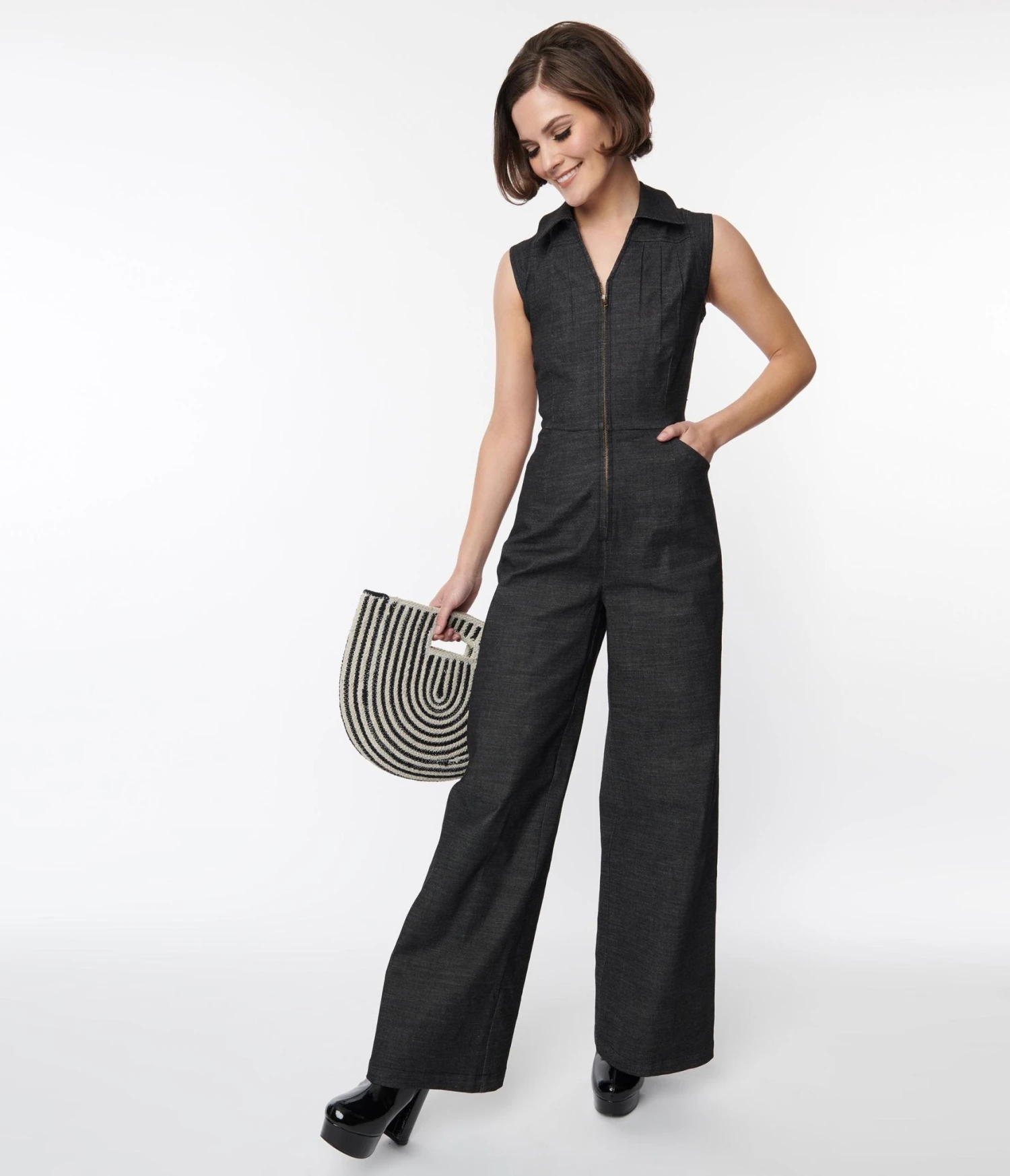Smak Parlour Washed Black Denim Collared Jumpsuit