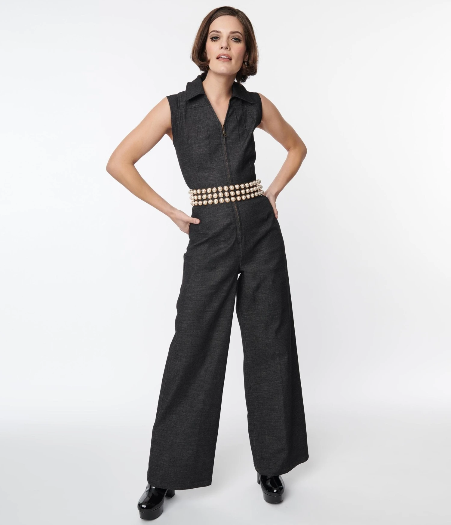 Smak Parlour Washed Black Denim Collared Jumpsuit - Image 5