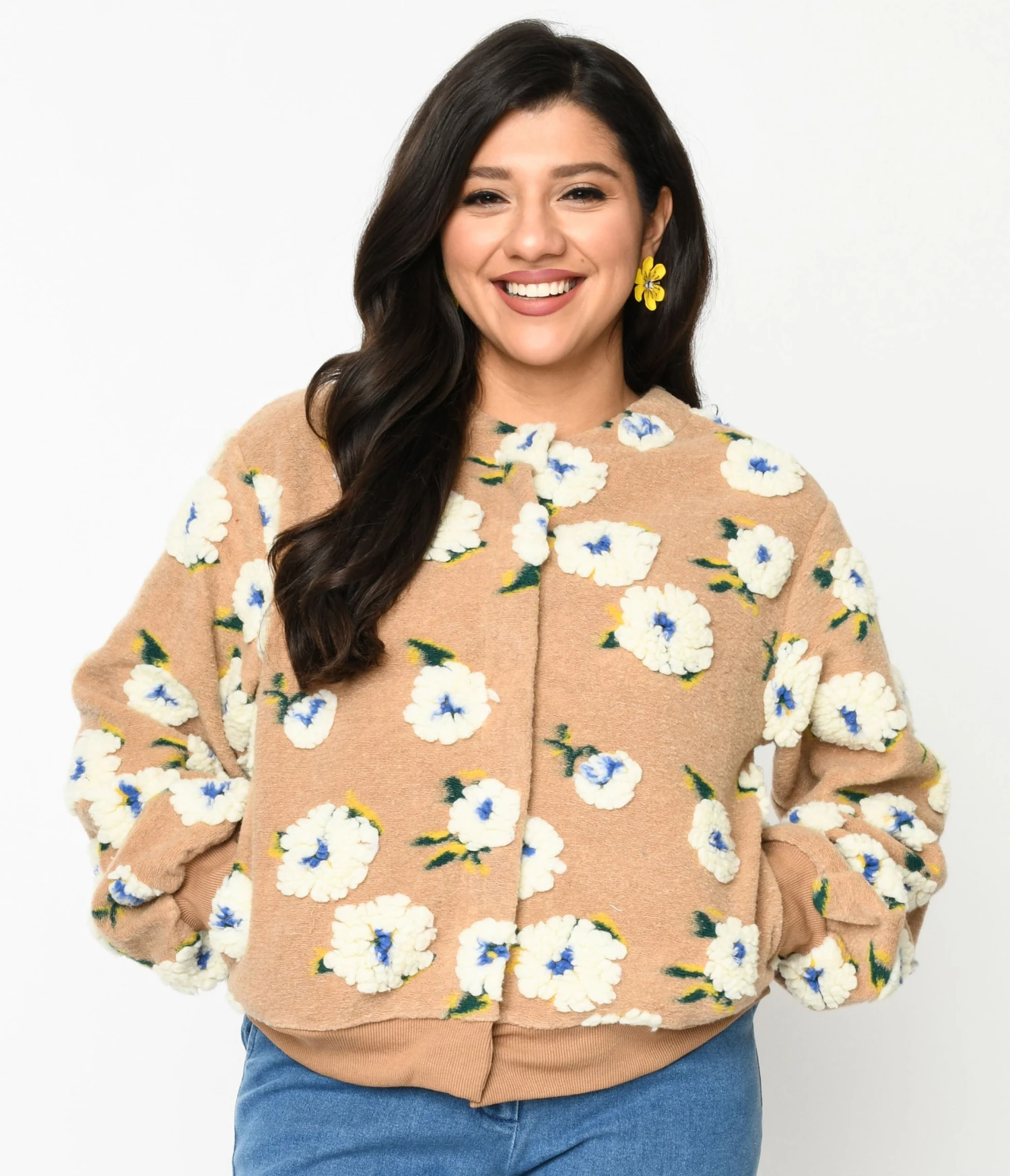Tan & 3D White Floral Cardigan - Image 2