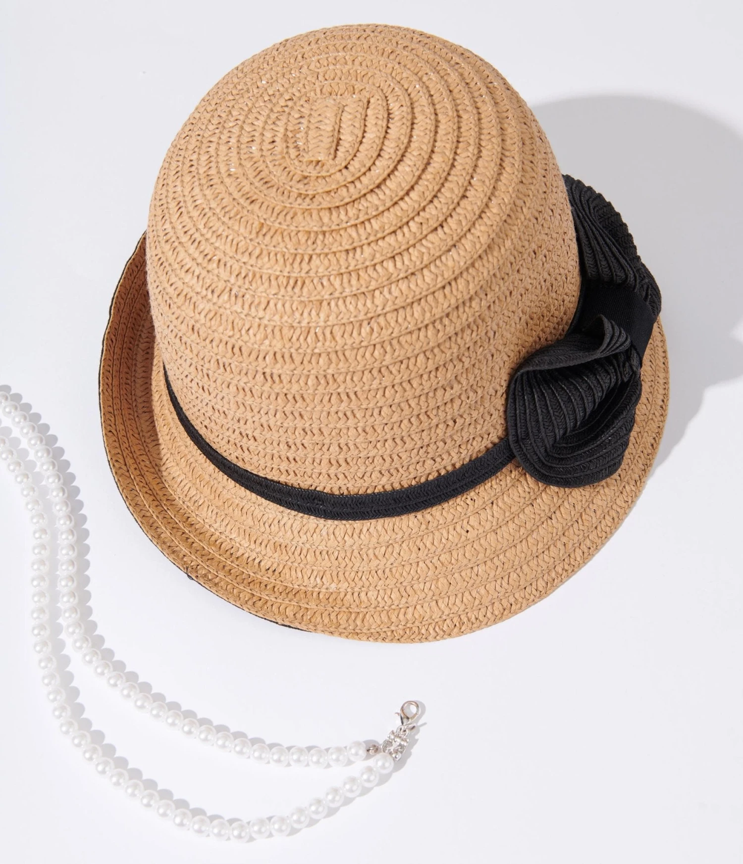 Tan & Black Ribbon Woven Cloche Hat
