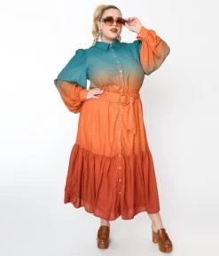 Teal & Rust Gradient Maxi Shirt Dress