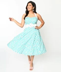 Teal & White Striped Flamingo Print Swing Dress