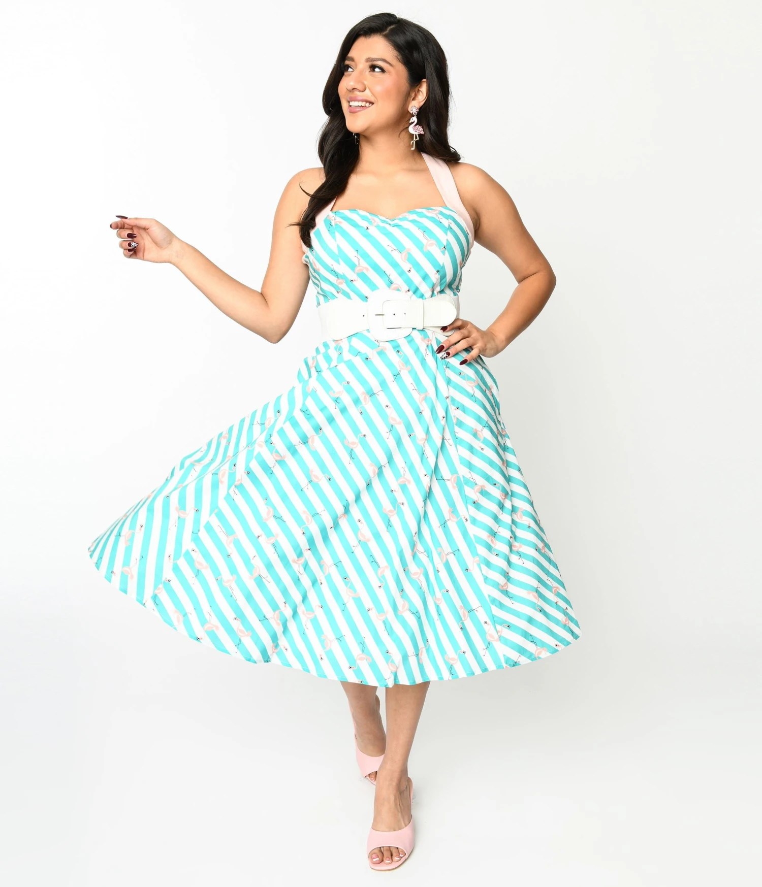 Teal & White Striped Flamingo Print Swing Dress