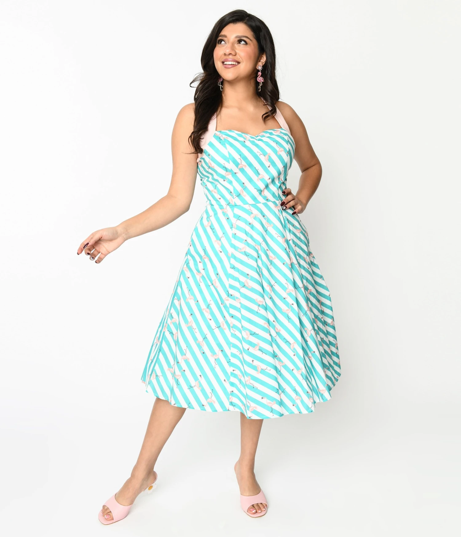 Teal & White Striped Flamingo Print Swing Dress - Image 2