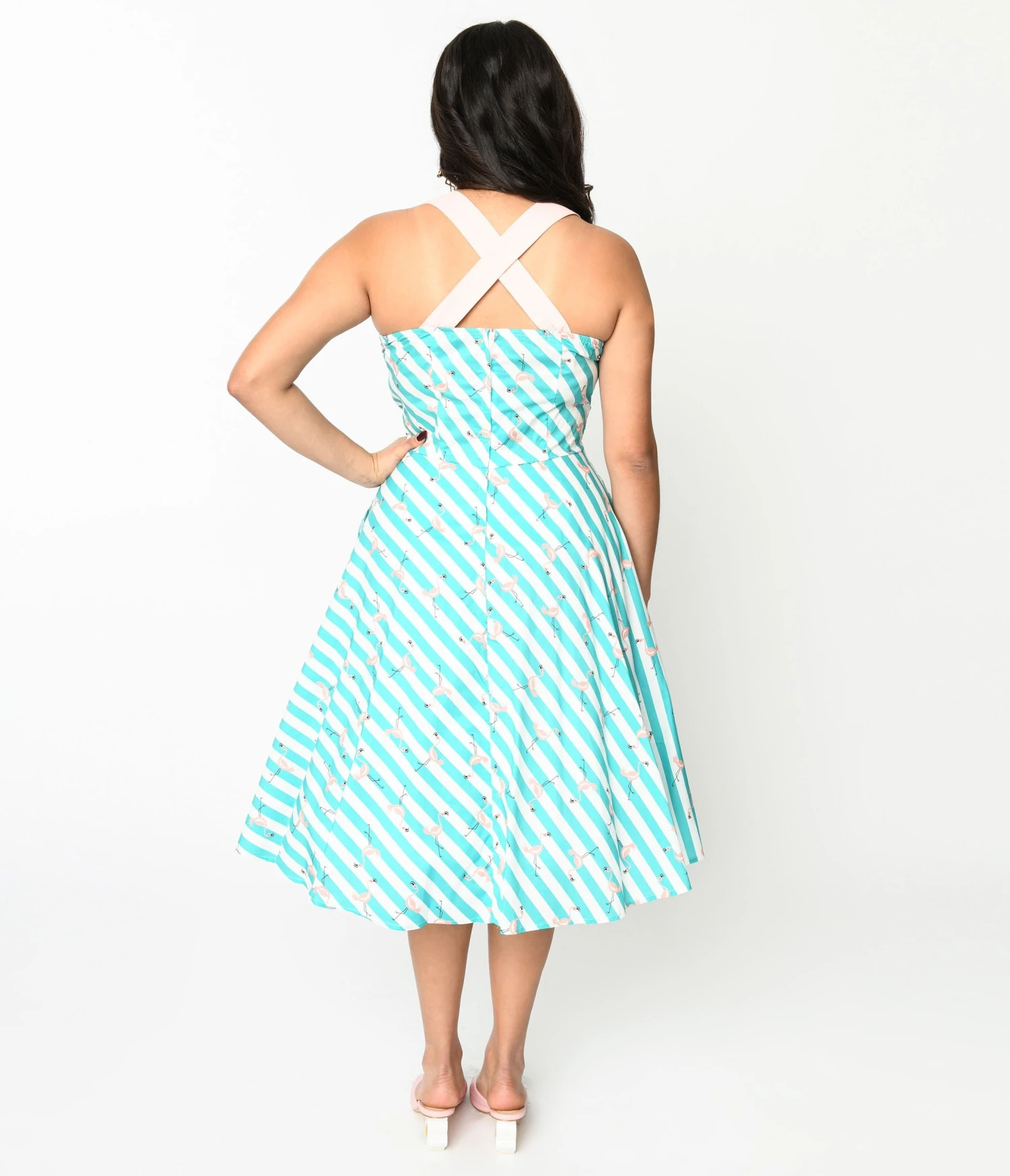 Teal & White Striped Flamingo Print Swing Dress - Image 3