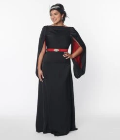 The Great Gatsby X Unique Vintage Black Satin & Red Contrast Evening Gown