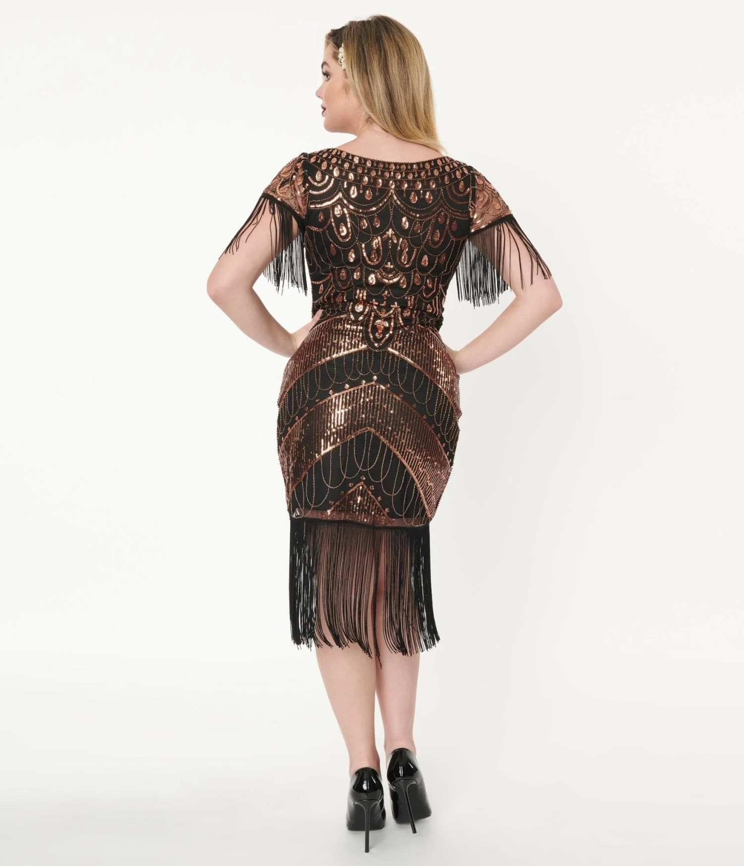 Unique Vintage 1920s Black & Bronze Sequin Sleeved Laure Flapper Dress - Image 3