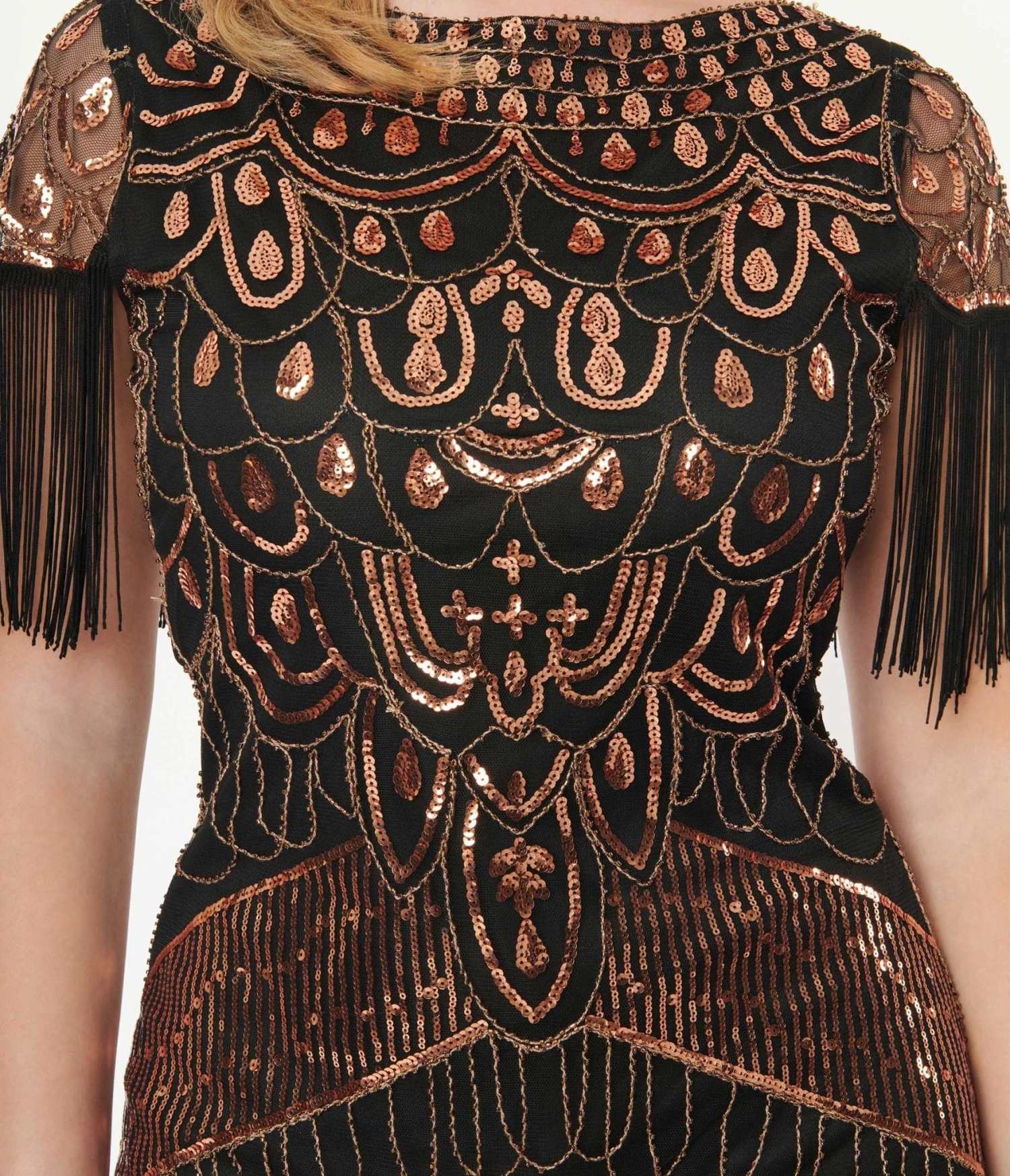 Unique Vintage 1920s Black & Bronze Sequin Sleeved Laure Flapper Dress - Image 2
