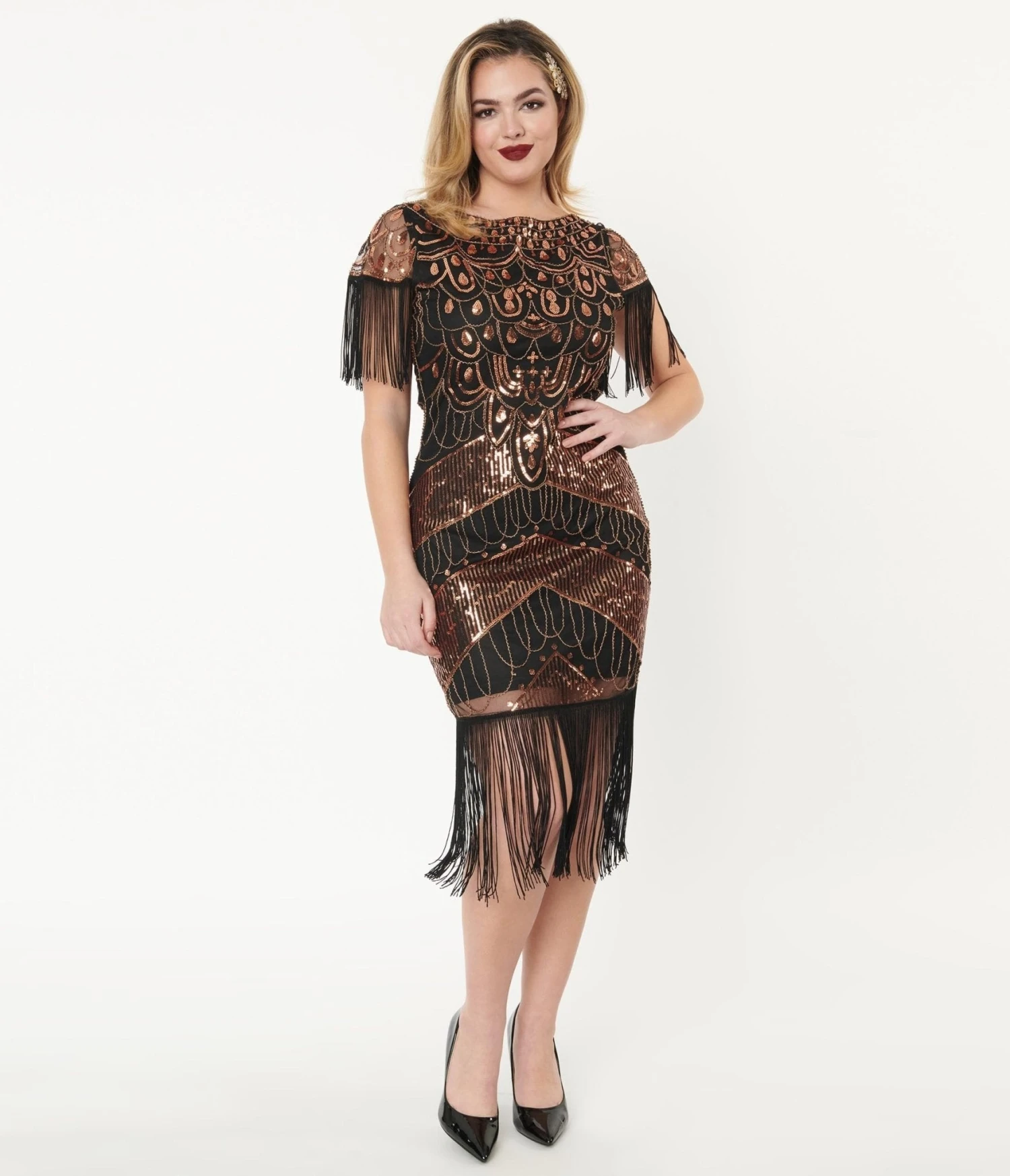 Unique Vintage 1920s Black & Bronze Sequin Sleeved Laure Flapper Dress - Image 5