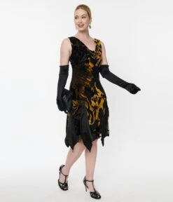 Unique Vintage 1920s Black & Gold Velvet Floral Burnout Hemingway Flapper Dress
