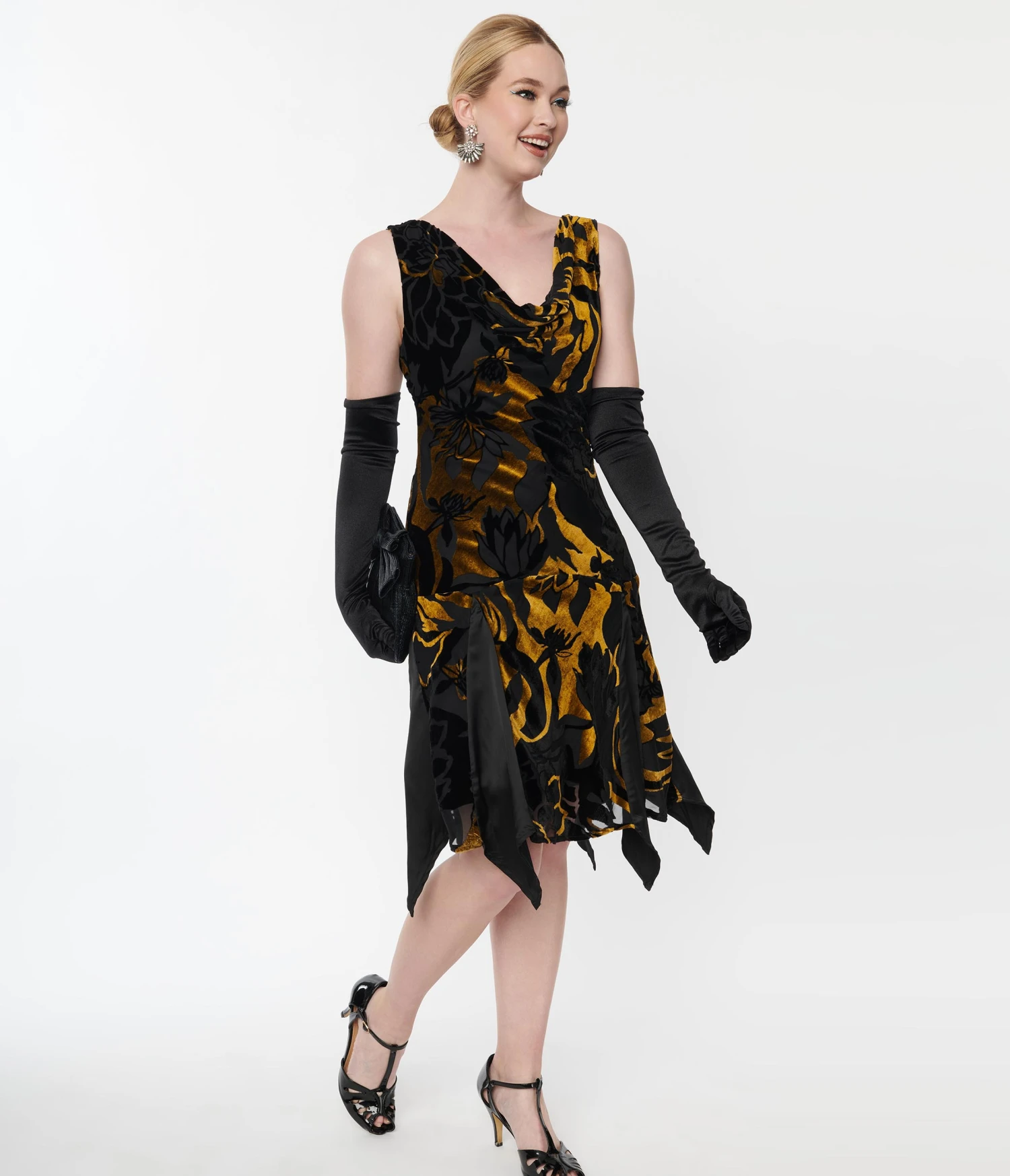 Unique Vintage 1920s Black & Gold Velvet Floral Burnout Hemingway Flapper Dress - Image 4