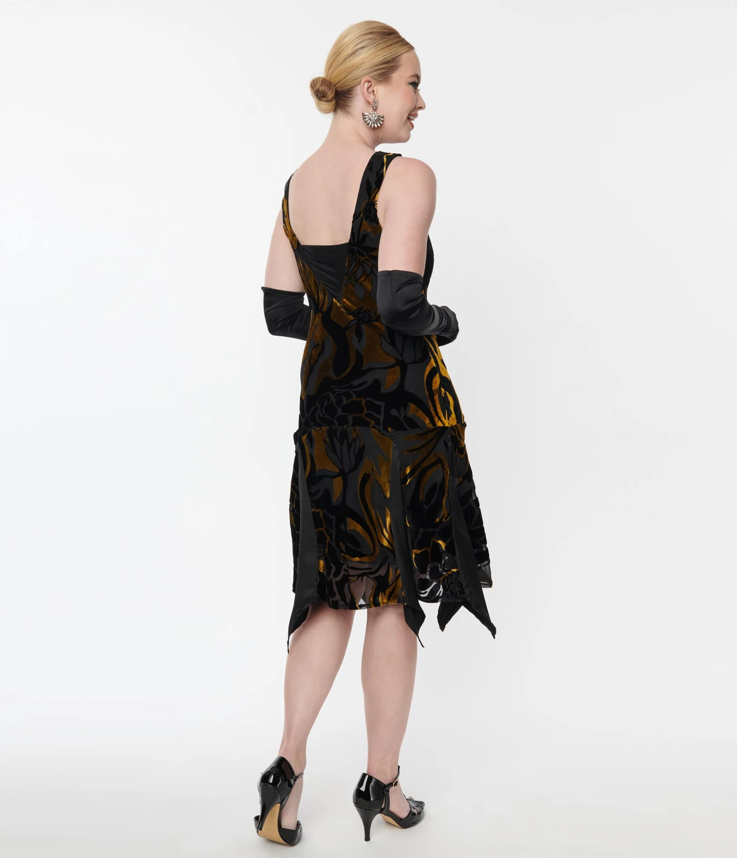 Unique Vintage 1920s Black & Gold Velvet Floral Burnout Hemingway Flapper Dress - Image 3