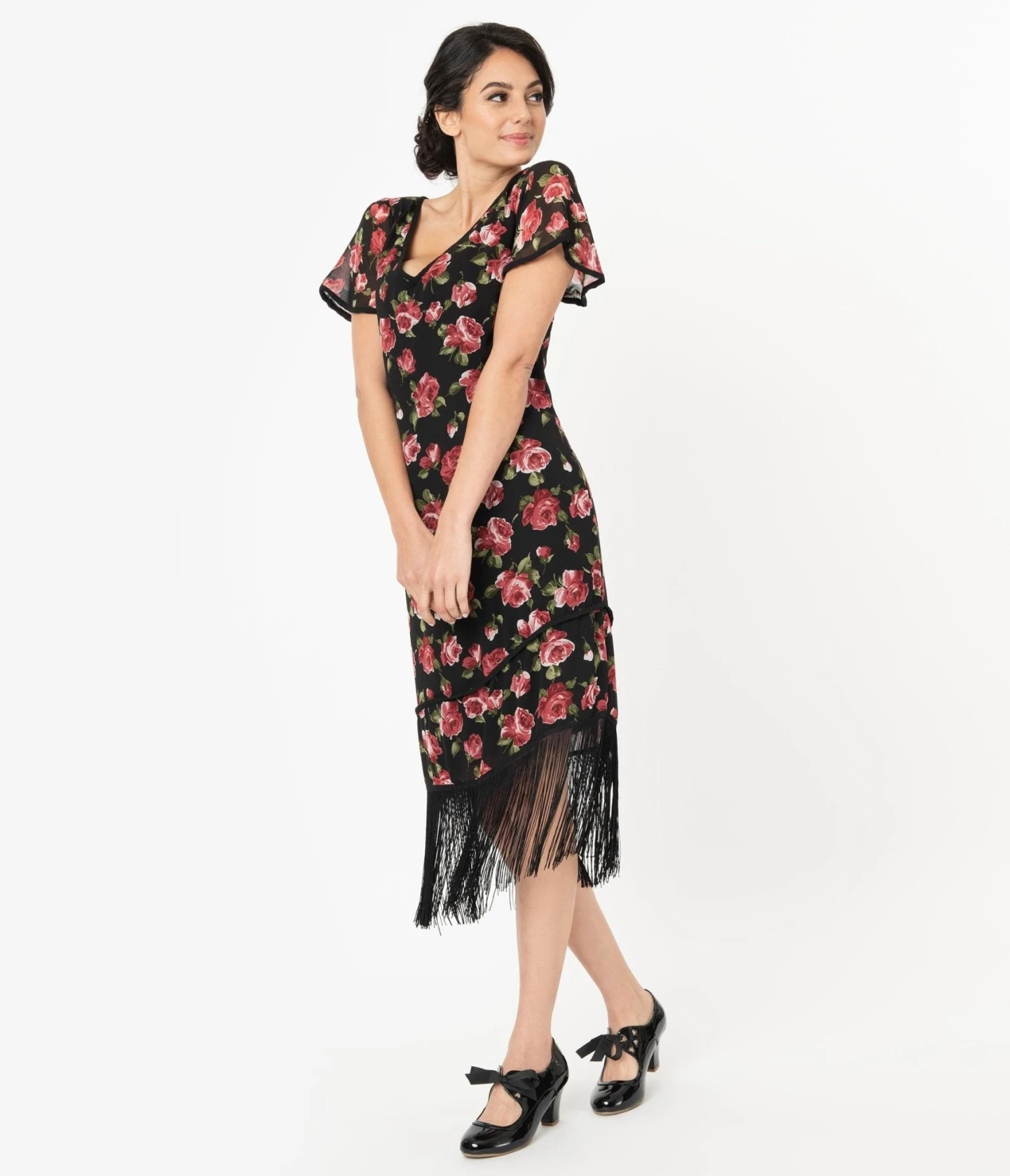 Unique Vintage 1920s Black & Pink Floral Joyeux Flapper Day Dress - Image 4