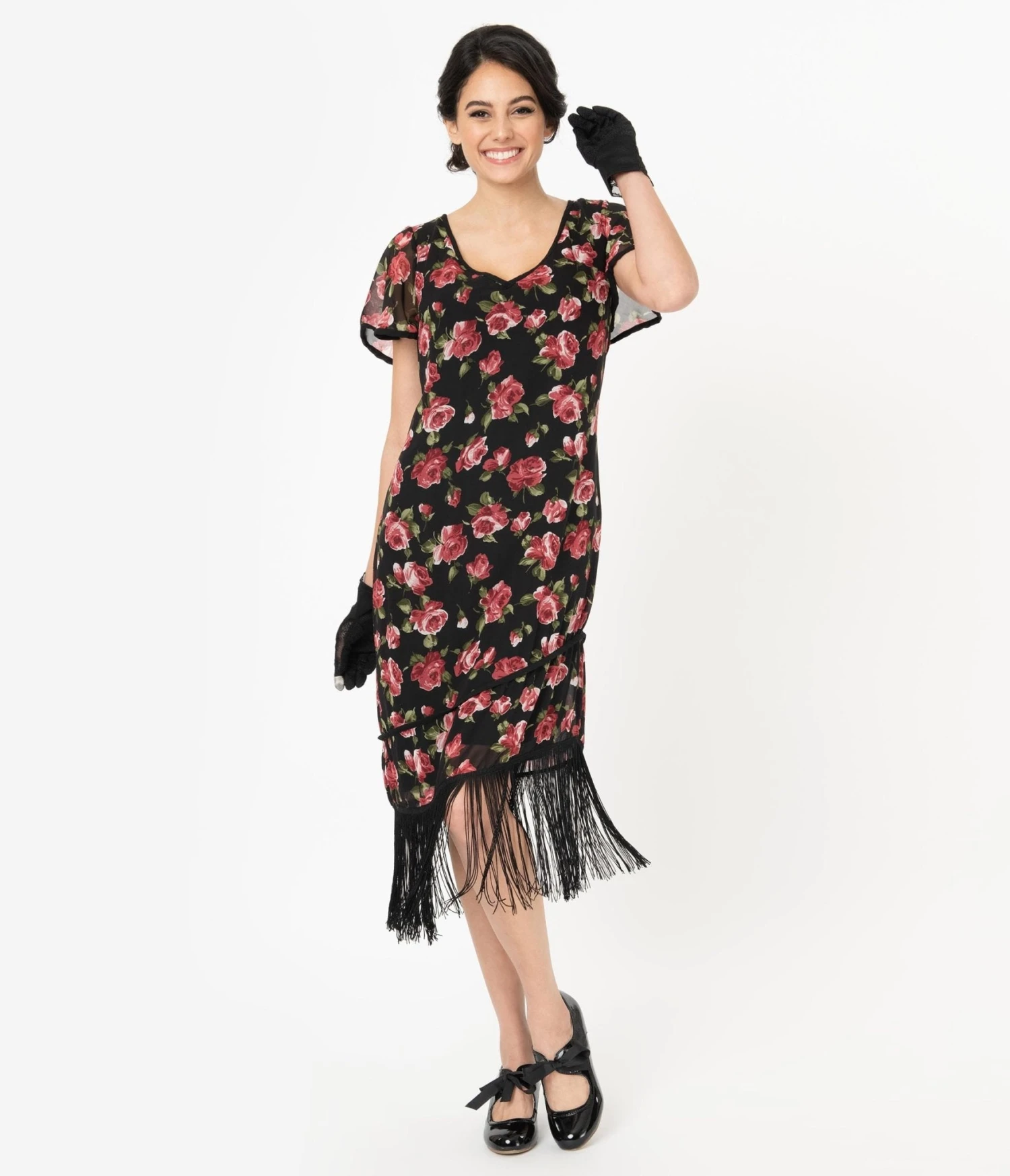 Unique Vintage 1920s Black & Pink Floral Joyeux Flapper Day Dress - Image 5