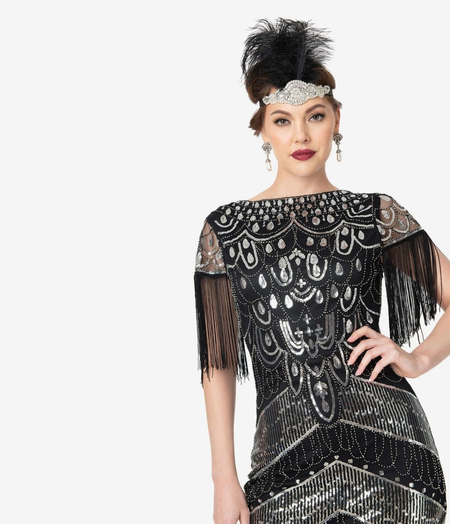 Unique Vintage 1920s Black & Silver Sequin Fringe Sleeved Laure Flapper Dress - Image 3