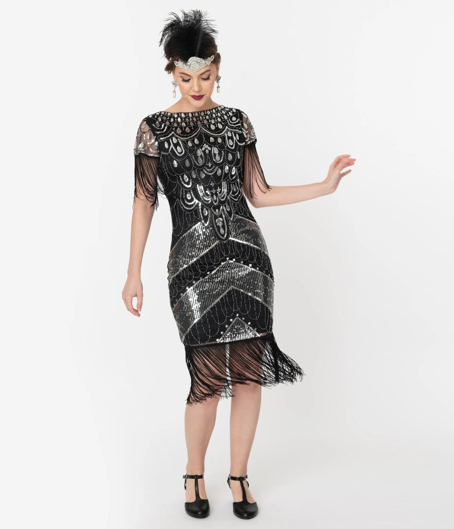 Unique Vintage 1920s Black & Silver Sequin Fringe Sleeved Laure Flapper Dress - Image 5