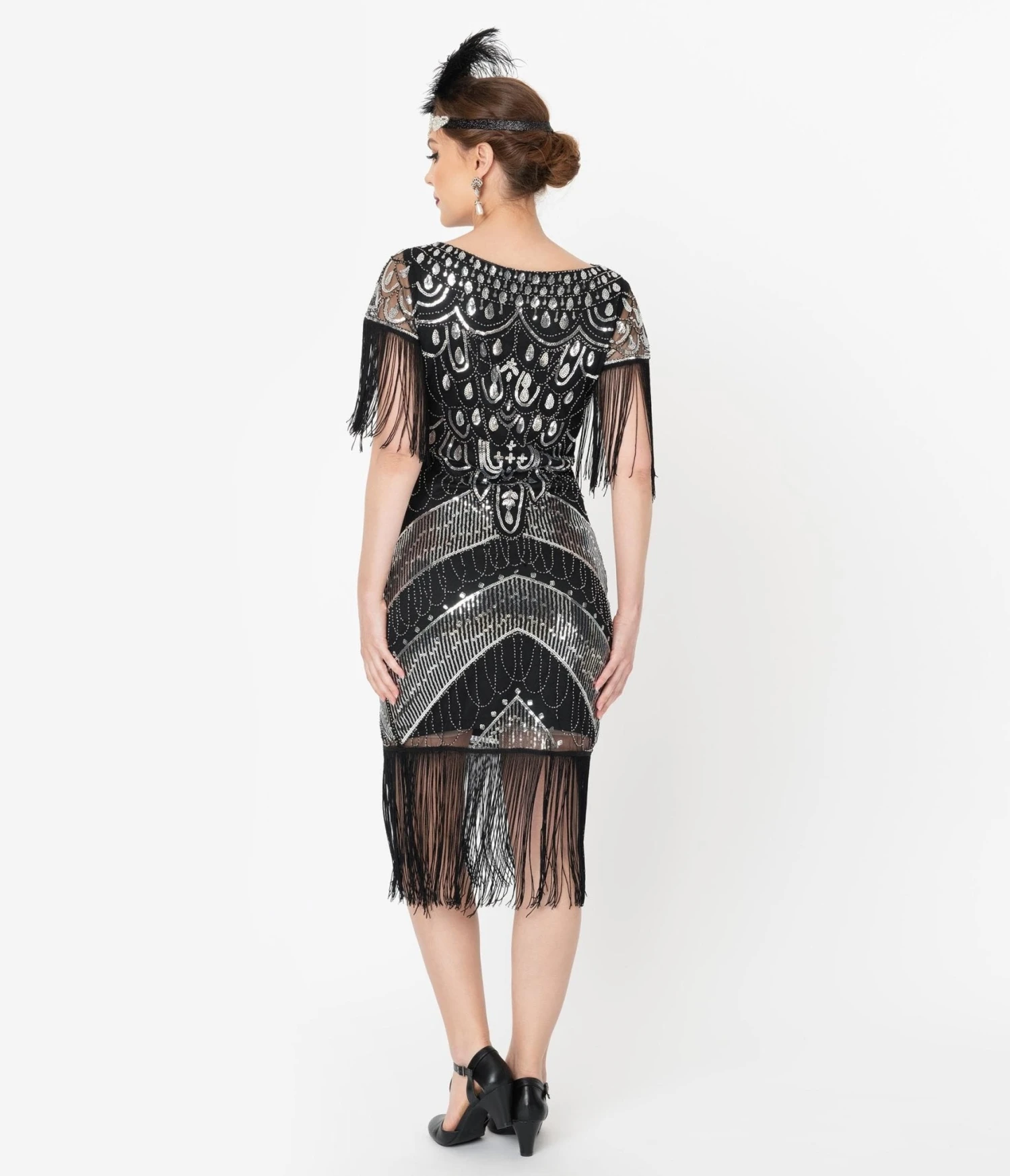 Unique Vintage 1920s Black & Silver Sequin Fringe Sleeved Laure Flapper Dress - Image 2