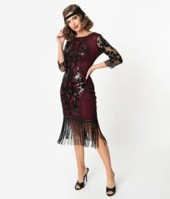 Unique Vintage 1920s Burgundy & Black Sequin Cocktail Celeste Flapper Dress