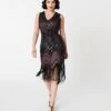 Unique Vintage 1920s Deco Purple & Black Sequin Veronique Fringe Flapper Dress