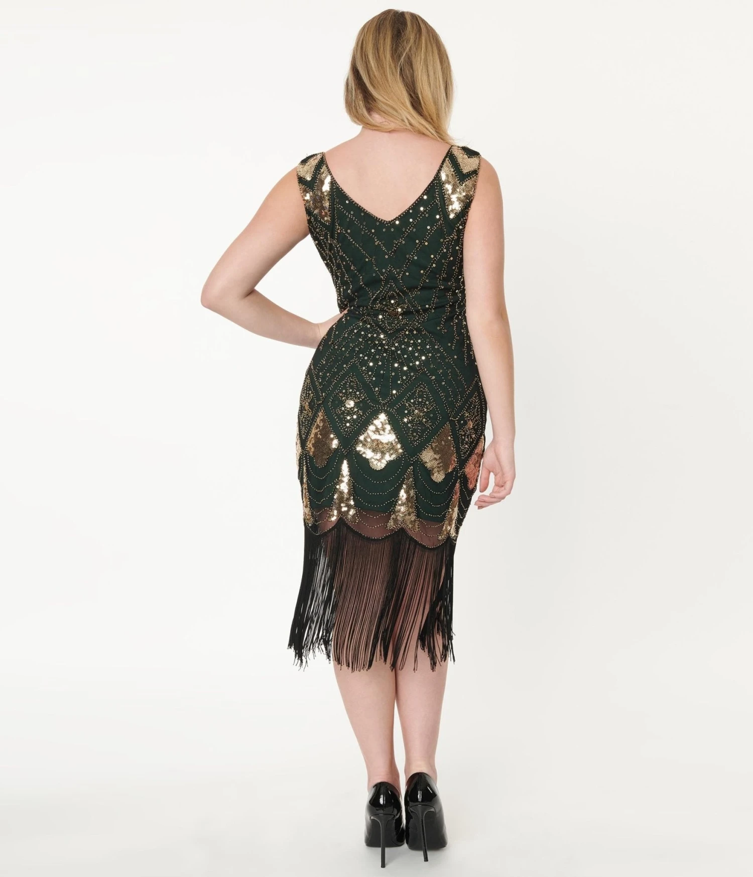 Unique Vintage 1920s Emerald & Gold Sequin Lina Flapper Dress - Image 3