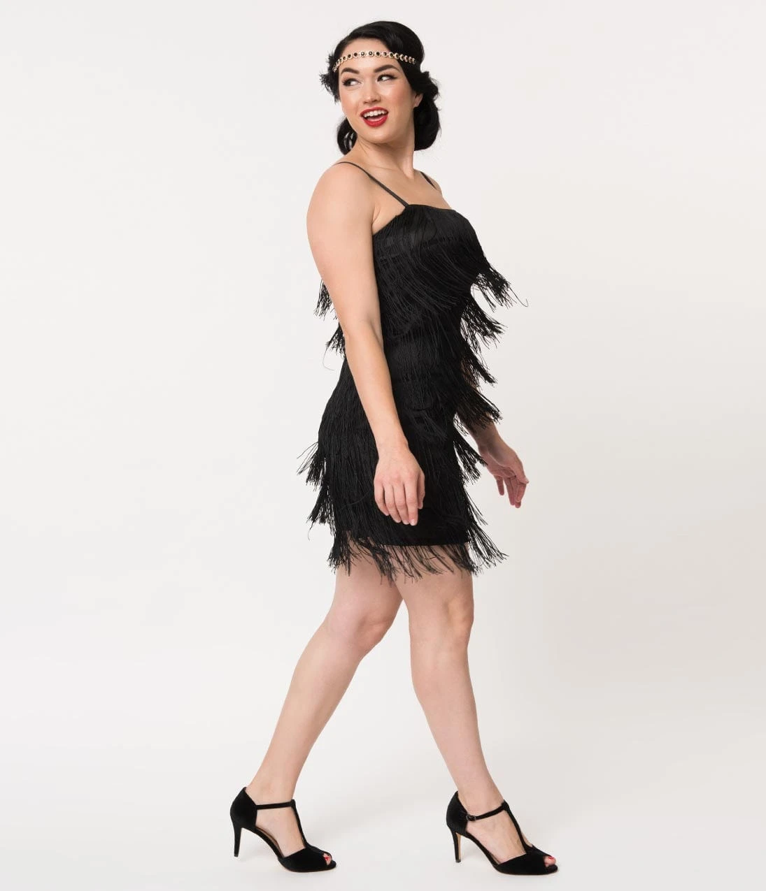 Unique Vintage 1920s Style Black Speakeasy Tiered Fringe Flapper Dress - Image 3