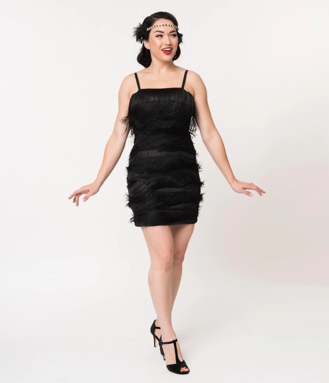 Unique Vintage 1920s Style Black Speakeasy Tiered Fringe Flapper Dress - Image 5