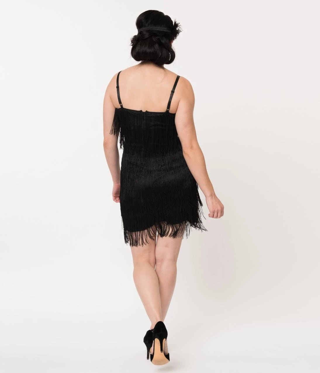 Unique Vintage 1920s Style Black Speakeasy Tiered Fringe Flapper Dress - Image 2