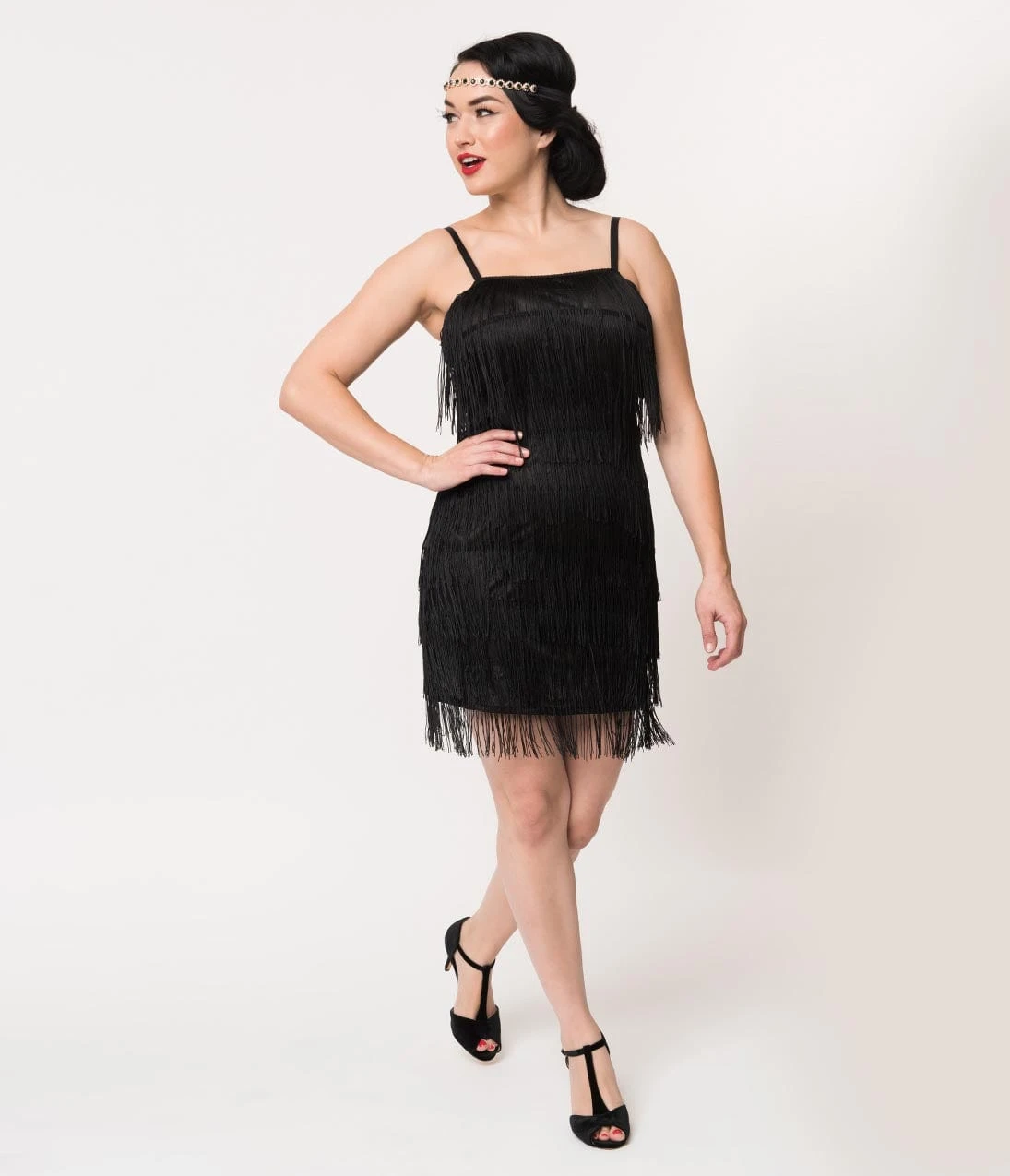 Unique Vintage 1920s Style Black Speakeasy Tiered Fringe Flapper Dress - Image 4