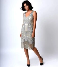 Unique Vintage 1920s Style Silver Beaded Fringe Bosley Flapper Dress