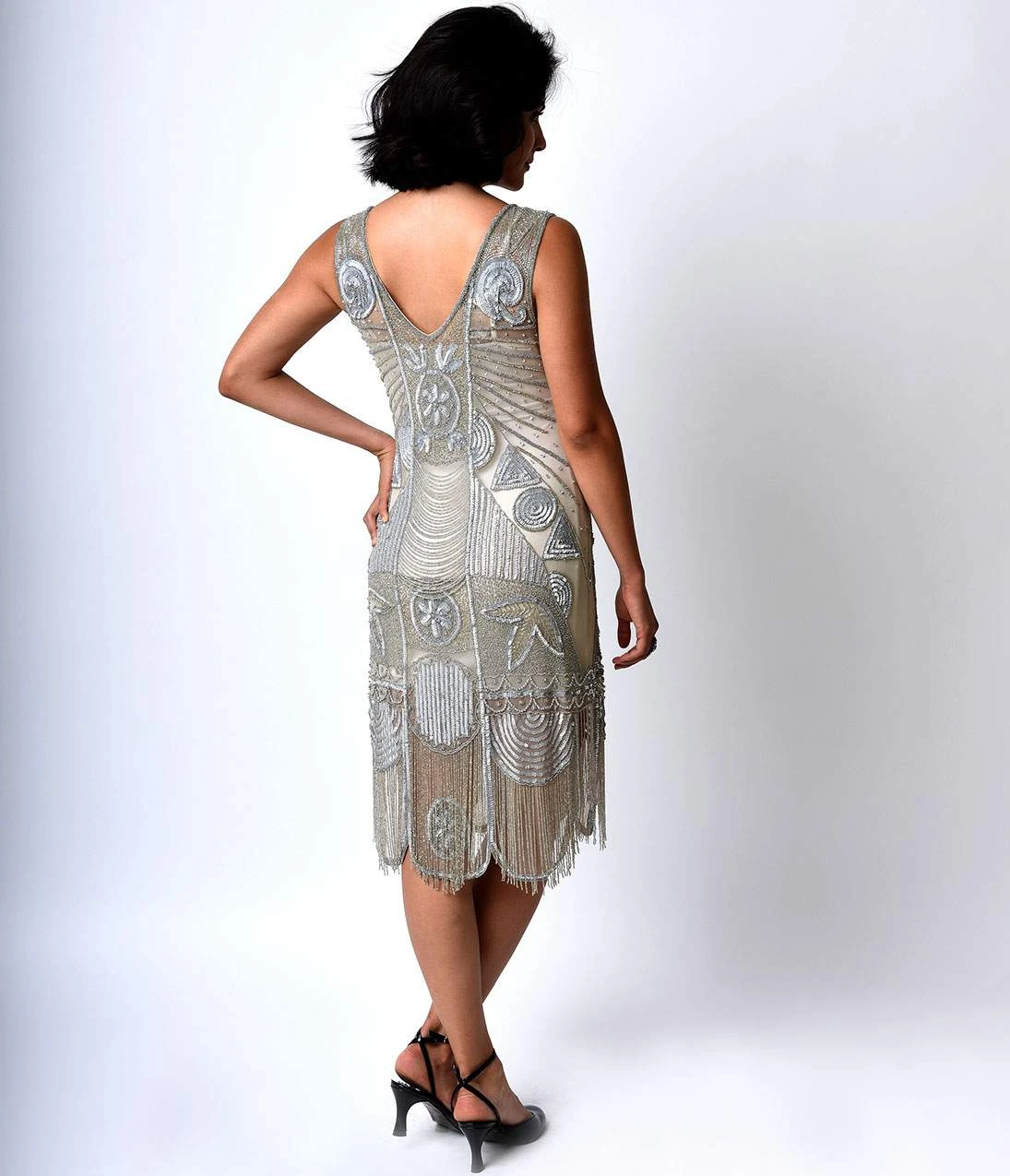 Unique Vintage 1920s Style Silver Beaded Fringe Bosley Flapper Dress - Image 2