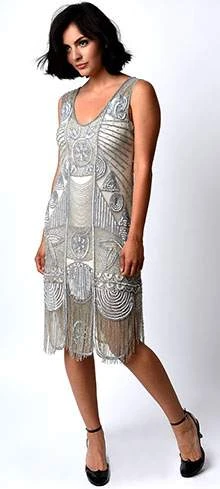 Unique Vintage 1920s Style Silver Beaded Fringe Bosley Flapper Dress - Image 3