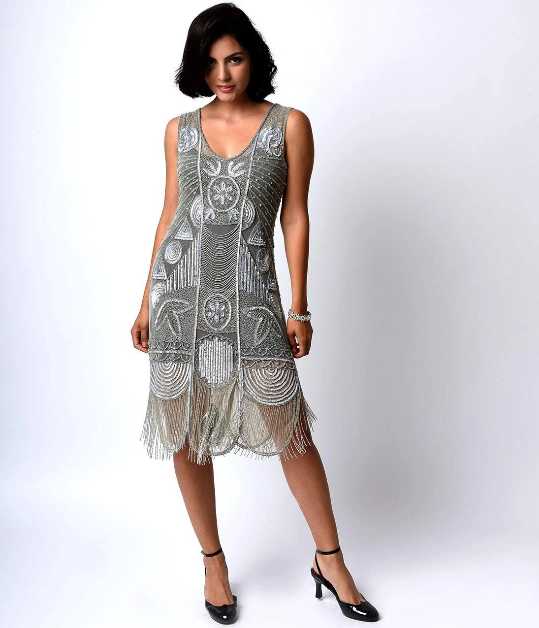 Unique Vintage 1920s Style Silver Beaded Fringe Bosley Flapper Dress - Image 4