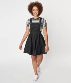 Unique Vintage 1950s Black Denim Brionne Pinafore Skirt