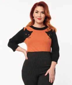 Unique Vintage 1950s Burnt Orange & Black Cat Sleeve Minou Sweater