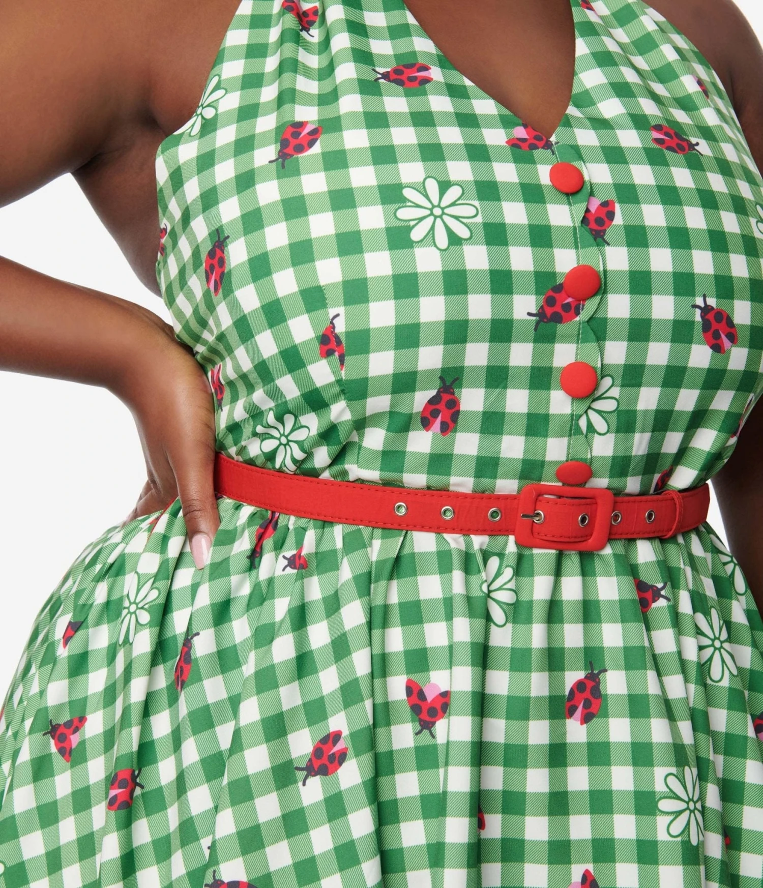 Unique Vintage 1950s Green Gingham Ladybug Halter Swing Dress - Image 2