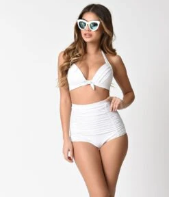 Unique Vintage 1950s Solid White Monroe Halter Swim Top