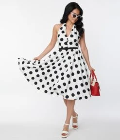 Unique Vintage 1950s White & Black Dot Halter Swing Dress